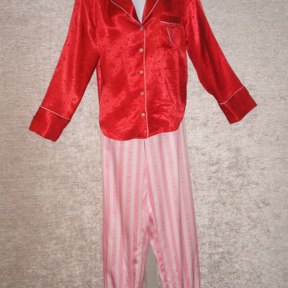 Nice Victoria's Secret Satin Pajamas sz M  Top Red Dots Pants Pink/White Stripes